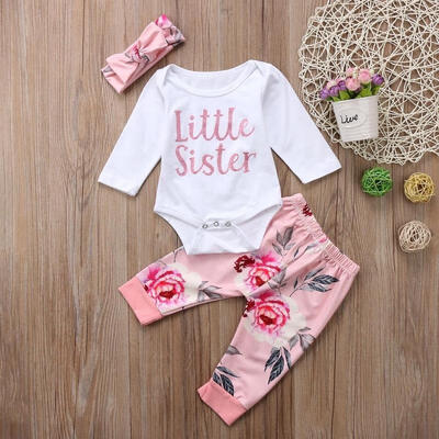 

Little Sister Newborn Baby Girls Flower Romper Long Pants Headband Outfits Set