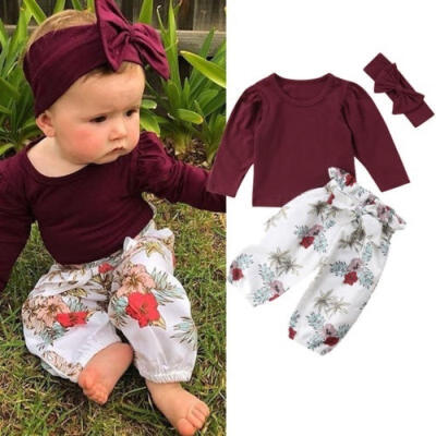 

Newborn Baby Girls Clothes Casual Wine Red T-shirtLong Pants 3PCS Outfits Set