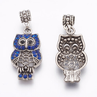 

Tibetan Style Alloy European Dangle Beads with Rhinestone Large Hole Pendants Owl Cobalt Antique Silver 455mm