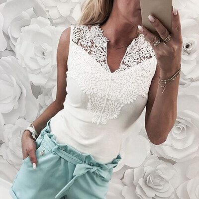 

Nomeni Fashion Women Solid Lace Sleeveless Patchwork V-Neck Shirt Tank Vest Blouse