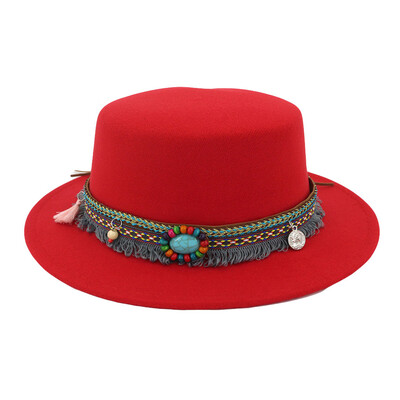 

Tailored Women Wide Brim Wool Belt Felt Flat Top Fedora Hat Party Church Trilby Hats Cap