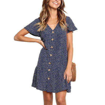 

Women Fashion Retro Printed Dress V-Collar Front Button Ruffle Hem Sundress