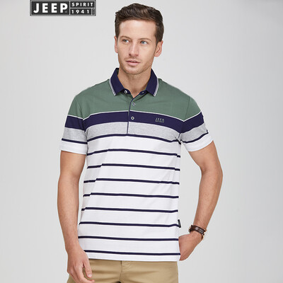 

Jeep short-sleeved mens striped casual POLO shirt youth mens cotton lapel T-shirt 2019 summer new product 8918 green M
