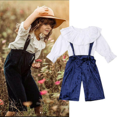 

UK Velvet Kids Baby Girls Clothes Ruffle T-shirt Tops Bib Pants 2Pcs Outfits Set