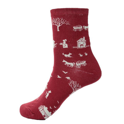 

New Fashion Women Ankle Socks Contrast Tree Cartoon Pattern Colorblock Ribbed Cuffs Casual Socks