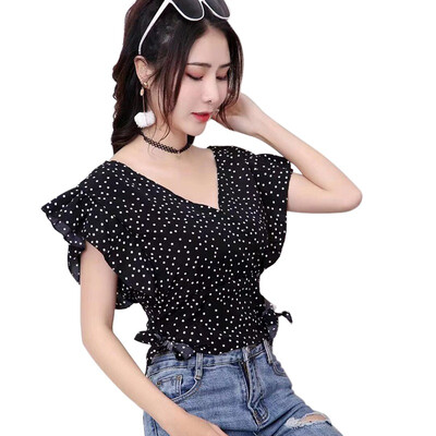 

Dot Print Elegant Chiffon Blouse Women Short Sleeve Ruffles Lace Up Nipped Waist Blouse Sexy V-Neck blusas mujer de moda