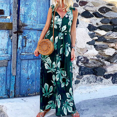 

Starmoon Women Loose Sleeveless Floral Print Rompers High Waist Long Jumpsuit
