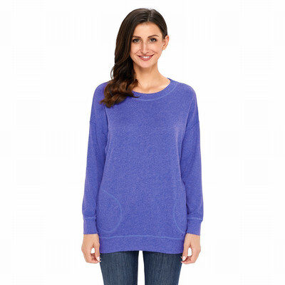 

Solid color round neck long sleeve with pocket bottoming shirt casual simple shirt womens