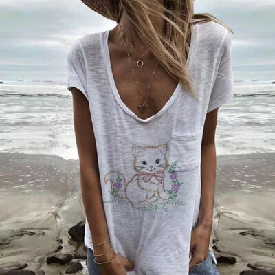 

Starmoon Women Summer Printing Pockets Short Sleeve Shirt Casual Tunic Tops Blouse