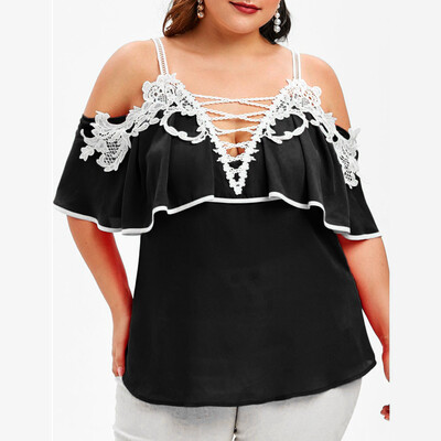 

Nomeni Large Size Women Off Shoulder Lace Short Sleeve V Neck Shirt Tops Blouse