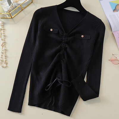 

Sweet Drawstring Women Sweater Summer Autumn New Simple Solid Color Sweater Fashion V-Neck Loose Long Sleeve Sweater Tops