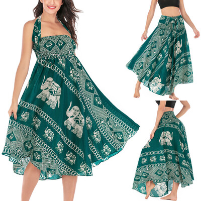 

Roseonmyhand Women Long Hippie Bohemian Gypsy Boho Flowers Elastic Waist Floral Halter Skirt