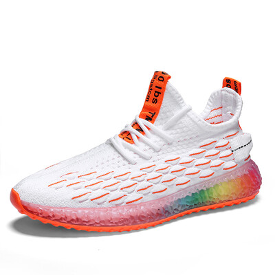 

Mens shoes trend breathable rainbow bottom fish scales flying woven mesh casual sports running shoes
