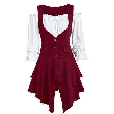 

Roseonmyhand Women Plus Size Coat Blouse Button Two-Piece Set Pocket Layered Tank Long Sleeve