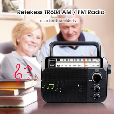 

Retekess TR604 AM FM Radio for the Elderly Two Band Radio Portable Handle Battery & AC Powered Black