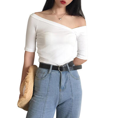 

Women Irregular One Shoulder T-Shirt Sexy V-Neck Short Sleeve Slim Tops