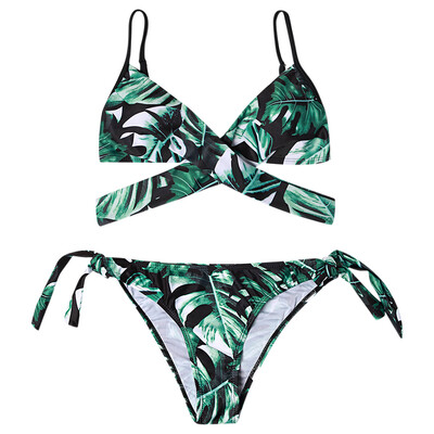 

Sexy Spaghetti Strap Padded Leaf Print Criss Cross Low Waist Women Bikini Set
