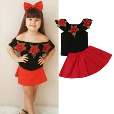 

USA Toddler Kid Baby Girl Clothes 3D Rose Flower Tops T-shirt Skirt Dress Outfit