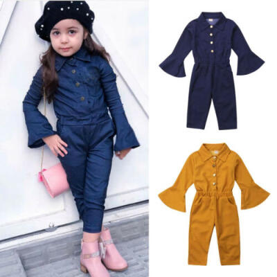 

US Kids Baby Girls Bell Sleeve Button Front Romper Jumpsuit Pants Autumn Outfit