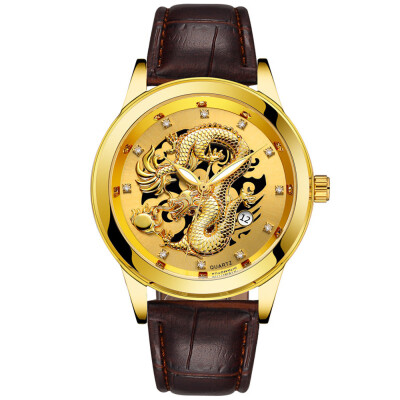 

Gobestart Waterproof Mens Gold Dragon Sculpture Quartz Watch Luxury Men Leather Wristwatch