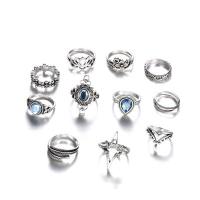 

Rings Sets Women Vintage Rhinestone Carved Starry stone Cross Carved 11 Sets Ornaments Rings anillos mujer
