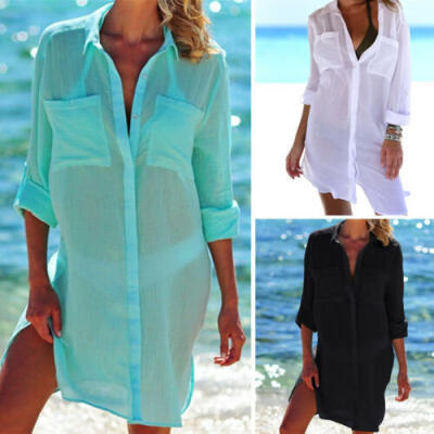 

Womens Button Bikini Cover Up Swimwear Swim Bathing Suit Summer Beach Mini Dress