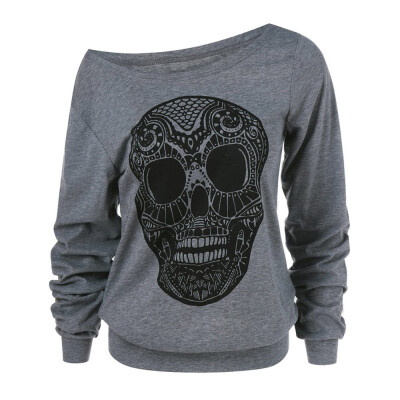 

Roseonmyhand Fashion Women Halloween Skull Print Skew Collar Plus Size Sweatshirt Blouse Top