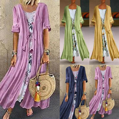 

Women Cotton Linen 2 Pieces Sets Half Sleeve Loose Cardigan Flowers Sling Dress