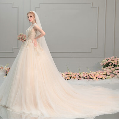 

Elegant Champagne Bride Wedding Dress Sexy V-neck French Light Wedding Gown Pregnant Woman Wedding Dress