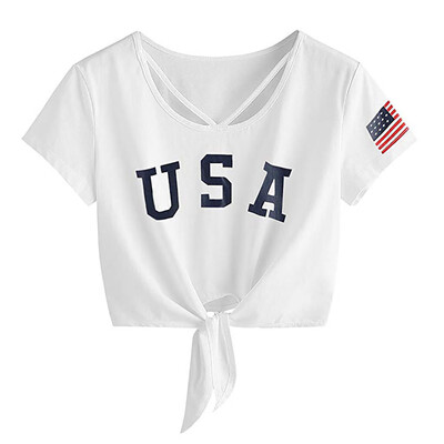 

Nomeni Womens Short Sleeve Tops Cross Scoop Neck T-Shirt Knot Front American Flag Tees