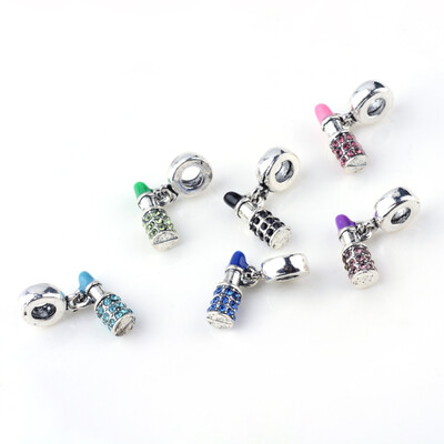 

Alloy Rhinestone European Dangle Beads Enamel Style Lipstick Large Hole Pendants Platinum Mixed Color 23mm Hole 4mm