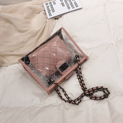 

New bag female 2019 new tide fashion girl jelly transparent white rhombic chain shoulder slung small square bag