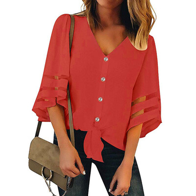 

Nomeni Women Button V Neck Mesh Panel Blouse 34 Bell Sleeve Loose Top Shirt