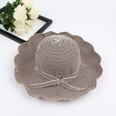 

New Summer Women Striped Cloth Sun Hat Foldable Large Brim Bow Decoration Beach Hat Cap