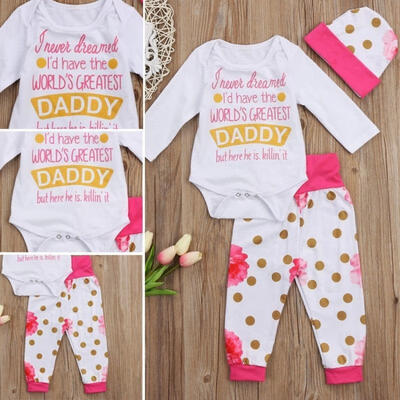 

3Pcs Infant Baby Girls Clothes Floral Long Sleeve Romper Tops Dot Pants Outfits