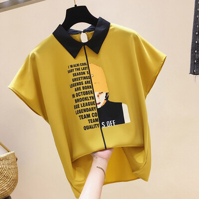 

Blouse Women Tops Peter Pan Collar Short Sleeve Letter Print Pullover Chiffon Blouse Korean Style Elegant Office Lady