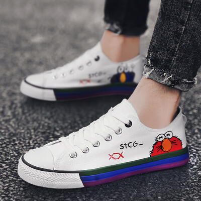 

mens shoes autumn casual canvas skate shoes Korean tide hand-drawn cartoon small white tide shoes