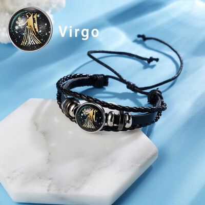

12 Constellations Punk Leather Zodiac Sign Beads Bangle Bracelets For Women Men Jewelry Travel Bracelets Holiday Gift