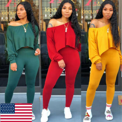 

Women 2Piece Outfits Long Sleeve Off Shoulder Crop Top Pants Set Casual Jumpsuit