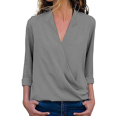 

2019 Hot New European And American Women Pure Color Chiffon V-neck Long-sleeved Shirt Womens Shirt