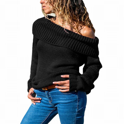 

Pullover bottoming shirt womens lapel slant shoulder long sleeve knit sweater