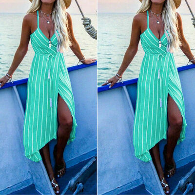 

Summer Womens Boho Striped Cami Maxi Dress Lady Strappy Tropical Pastels Evening Cocktail Party Beach Long Dress Sundress