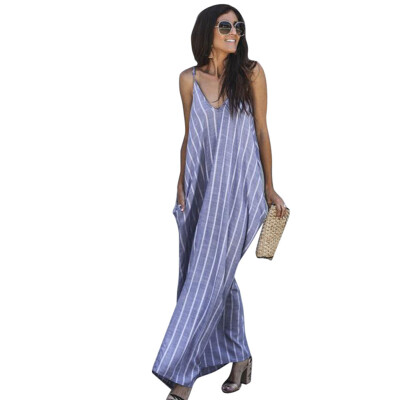 

Women Sexy Summer Openwork Backless High Waist Summer Elegant Sling Striped Print Irregular Dress