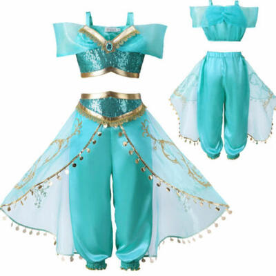 

Kids Aladdin Costume Princess Jasmine Outfit Girls Sequin Party Fancy Dress UK