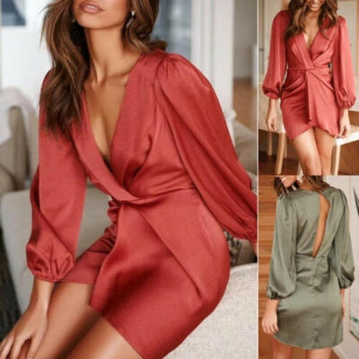 

Women Summer Satins V-Neck Short Mini Dress Long Sleeve Wrap Evening Cocktail Party Beach Dress Vestidos Verano 2019