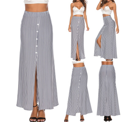 

Roseonmyhand Fashion Women Sexy Striped Print Buttons Open Fork Casual Ankle-Length Skirt