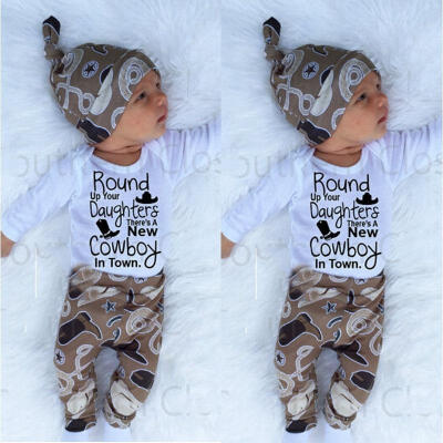 

Newborn Infant Baby Girl Boy RomperCowboy Long Pants Hat 3pcs Outfit Set Clothes 0-18 Months