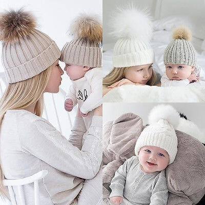 

2PCS Mom MotherBaby Knit Pom Bobble Hat Kids Girls Boys Winter Warm Cute Beanie Caps