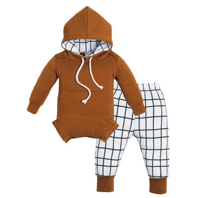 

2pcs Autumn Baby Clothing Set Long Sleeve Hooded Romper Plaid Pants