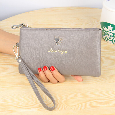 

2019 new leather cat long wallet female Europe&the United States new ultra-thin lychee grain leather zipper hand wallet